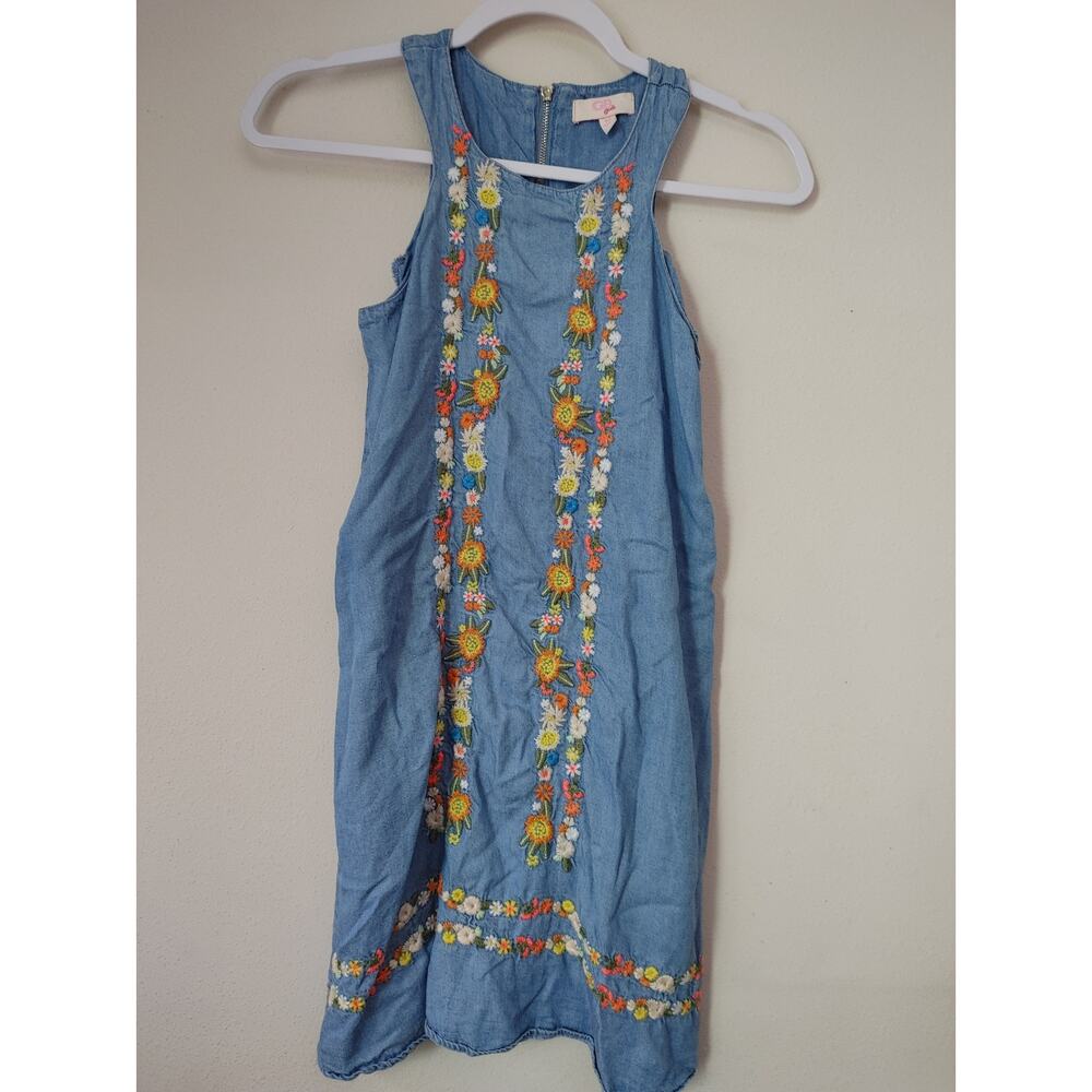 Gianni Bini Dress Girls Chambray Sleeveless Embroidered Floral Maxi Medium